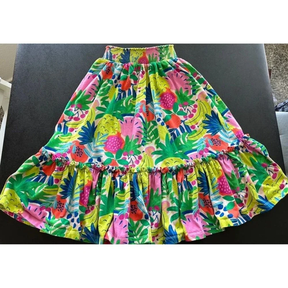 Mini Boden Girls 10-11Y Tropical Fruit Print Tiered Skirt Smocked Waist Cotton